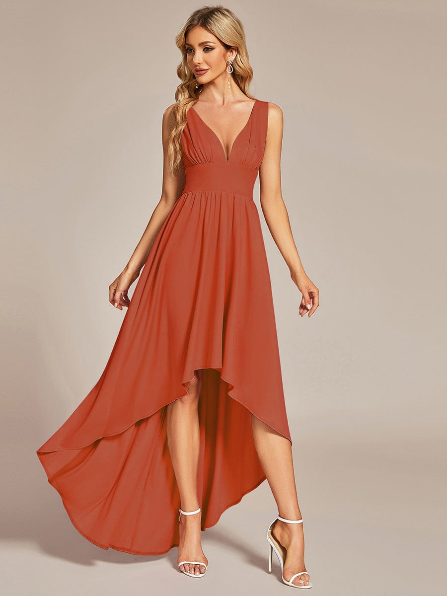 Elegant High-Low Sleeveless Empire Waist Birdesmaid Dress #color_Burnt Orange