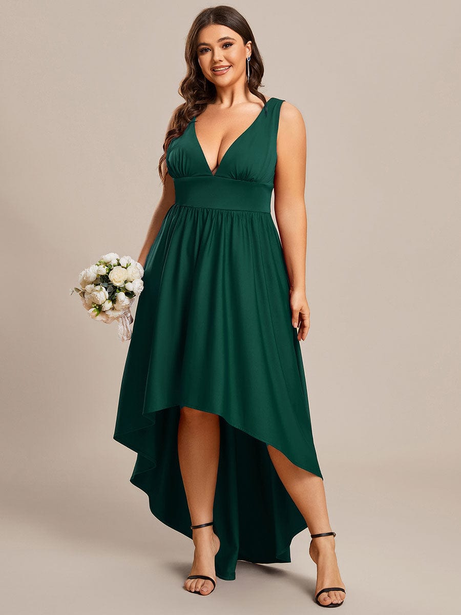 Plus Size Elegant High-Low Sleeveless Empire Waist Birdesmaid Dress #color_Dark Green