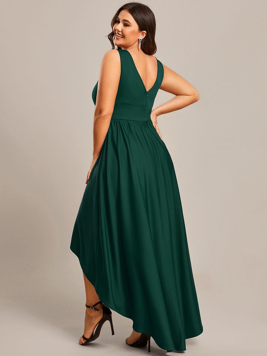 Plus Size Elegant High-Low Sleeveless Empire Waist Birdesmaid Dress #color_Dark Green