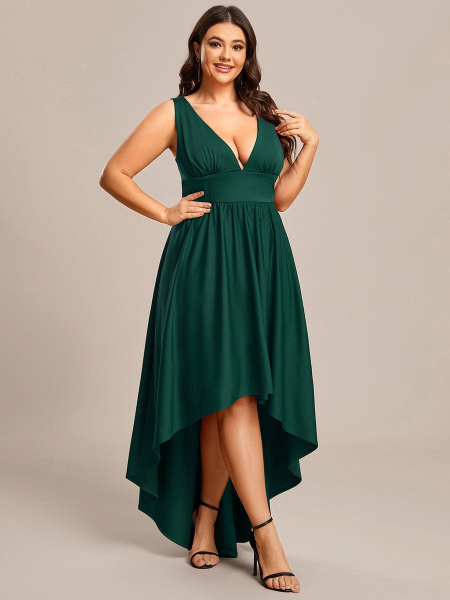 Plus Size Elegant High-Low Sleeveless Empire Waist Birdesmaid Dress #color_Dark Green