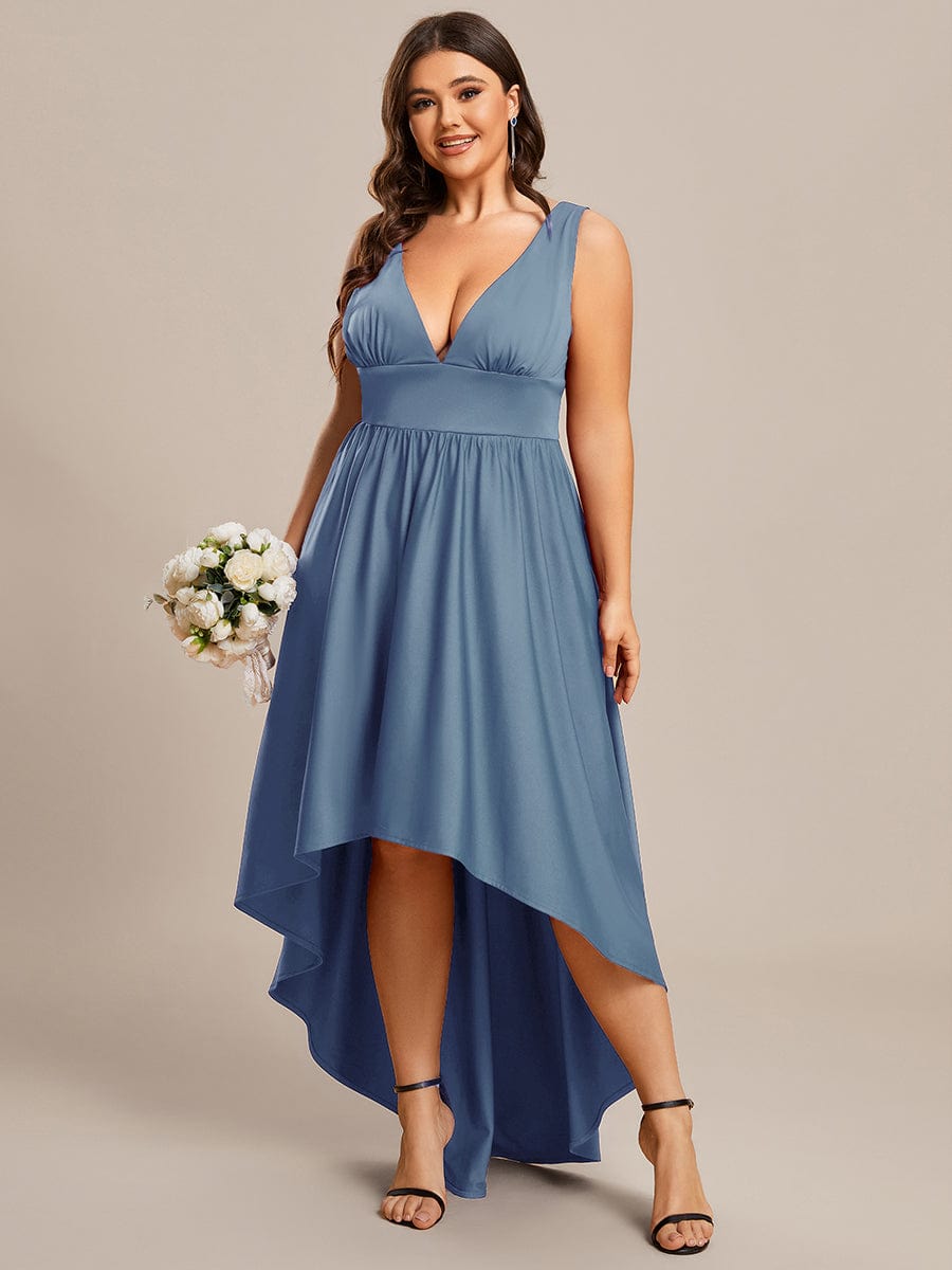 Plus Size Elegant High-Low Sleeveless Empire Waist Birdesmaid Dress #color_Dusty Blue