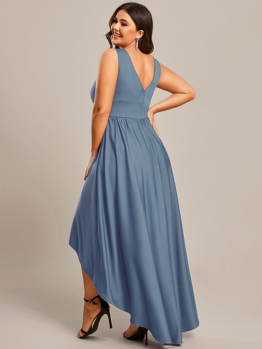 Deep V-Neck High-Low Sleeveless A-Line Wedding Guest Dress #color_Dusty Blue