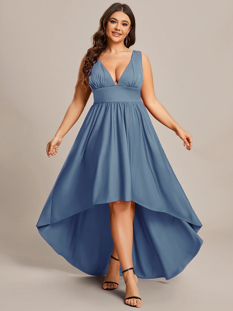 Plus Size Elegant High-Low Sleeveless Empire Waist Birdesmaid Dress #color_Dusty Blue