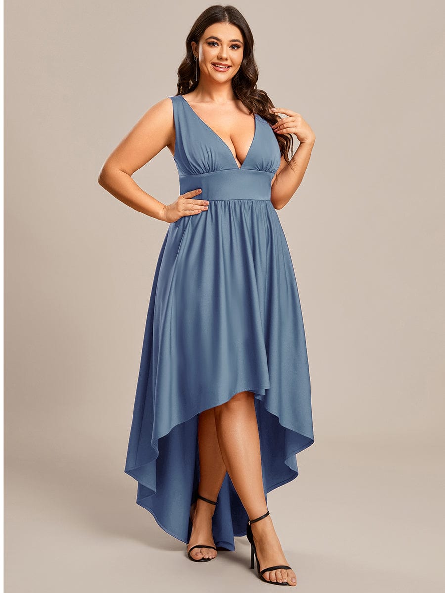 Deep V-Neck High-Low Sleeveless A-Line Wedding Guest Dress #color_Dusty Blue