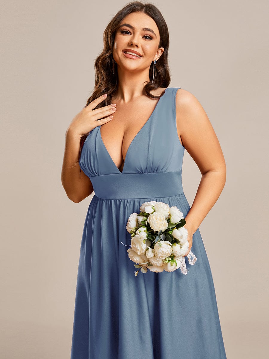 Plus Size Elegant High-Low Sleeveless Empire Waist Birdesmaid Dress #color_Dusty Blue