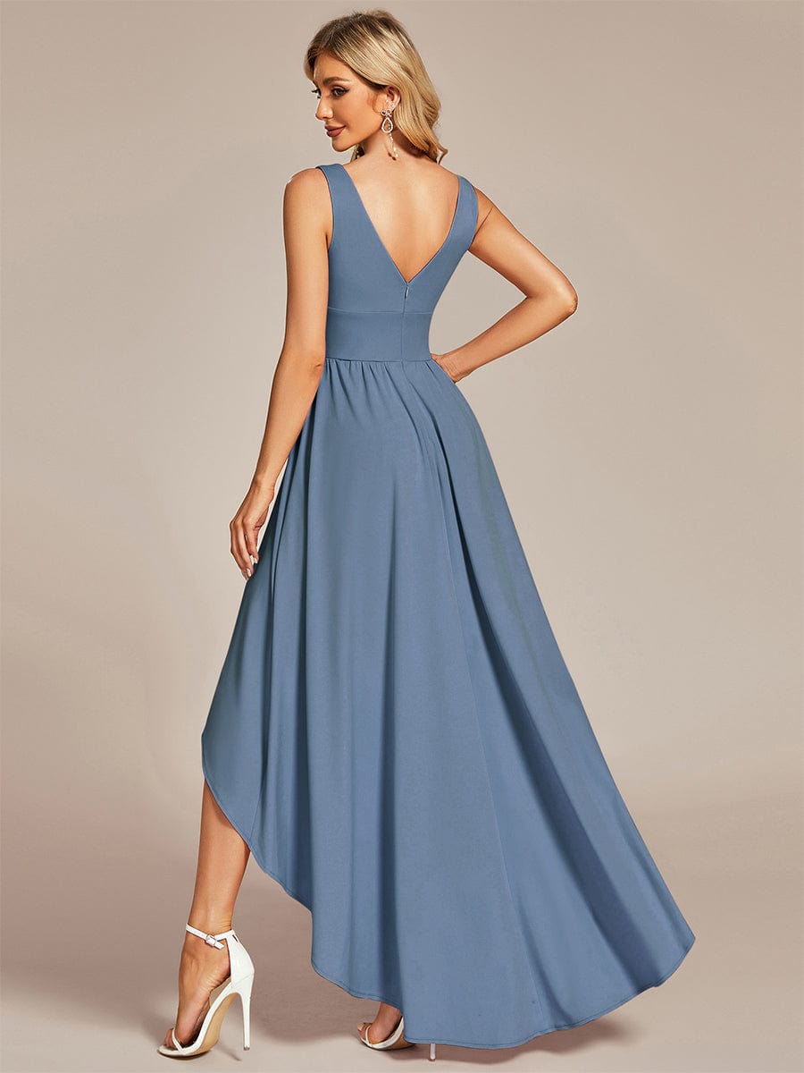 Deep V-Neck High-Low Sleeveless A-Line Wedding Guest Dress #color_Dusty Navy