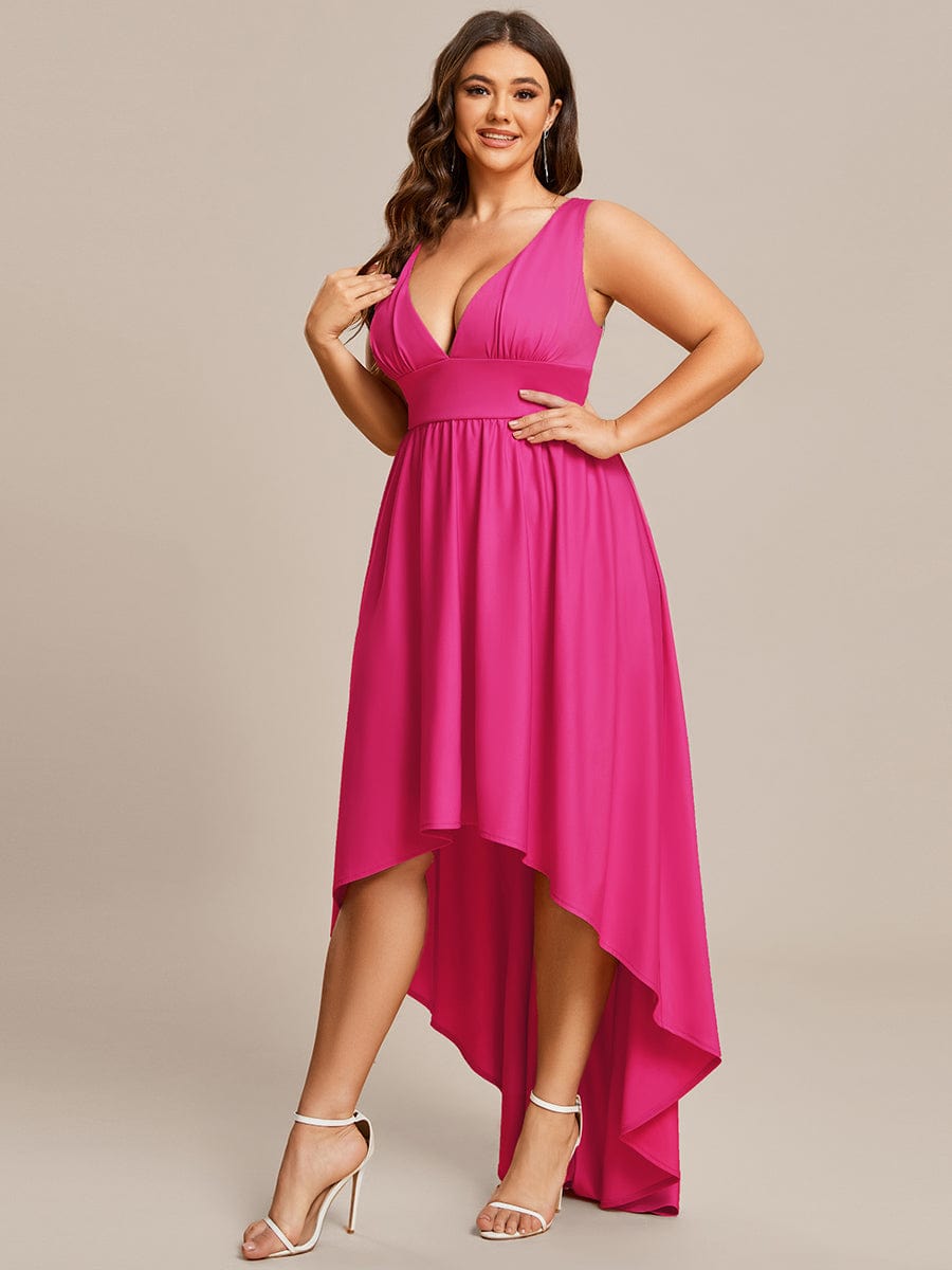 Plus Size Elegant High-Low Sleeveless Empire Waist Birdesmaid Dress #color_Hot Pink