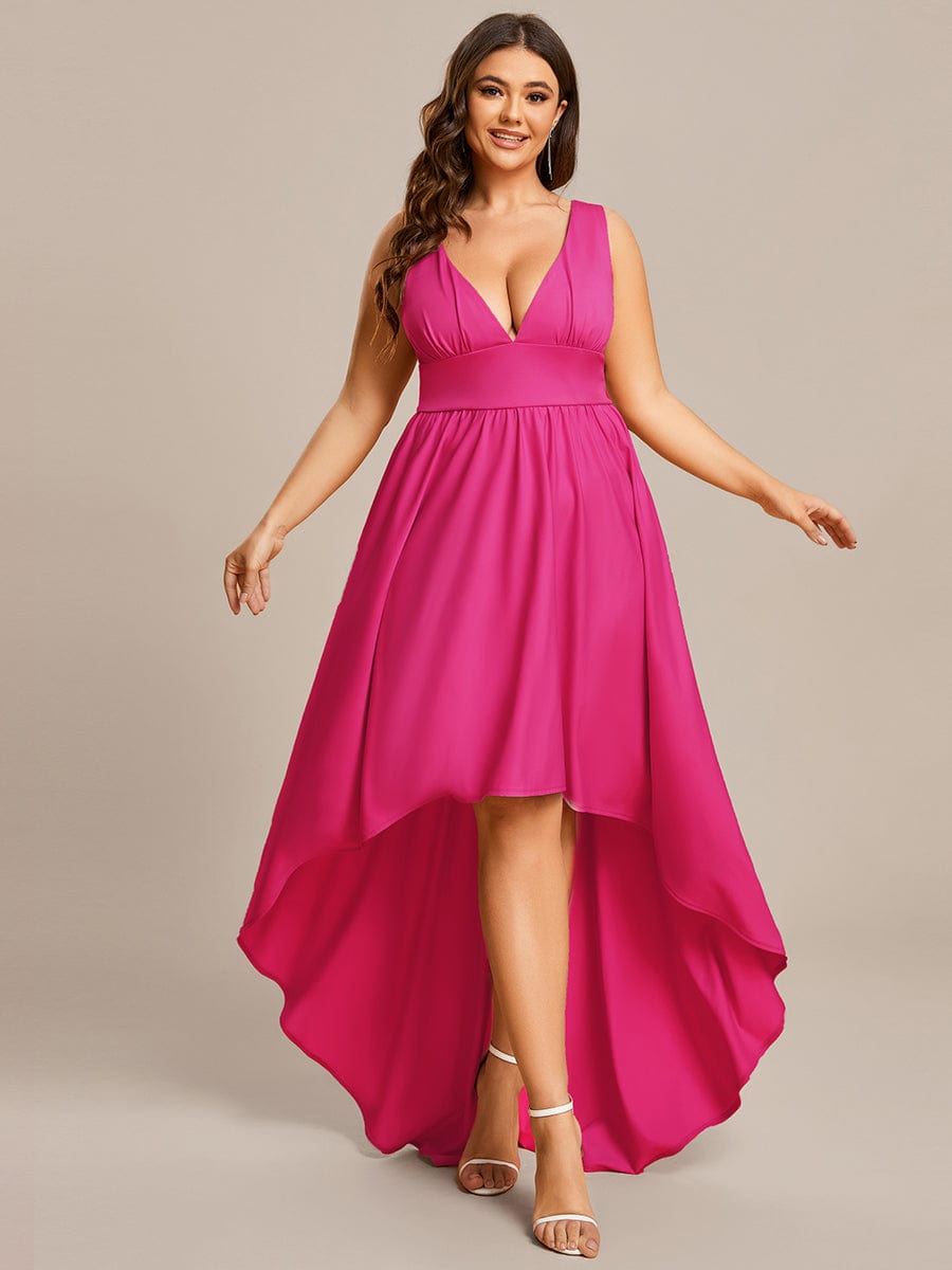 Elegant High-Low Sleeveless Empire Waist Birdesmaid Dress #color_Hot Pink