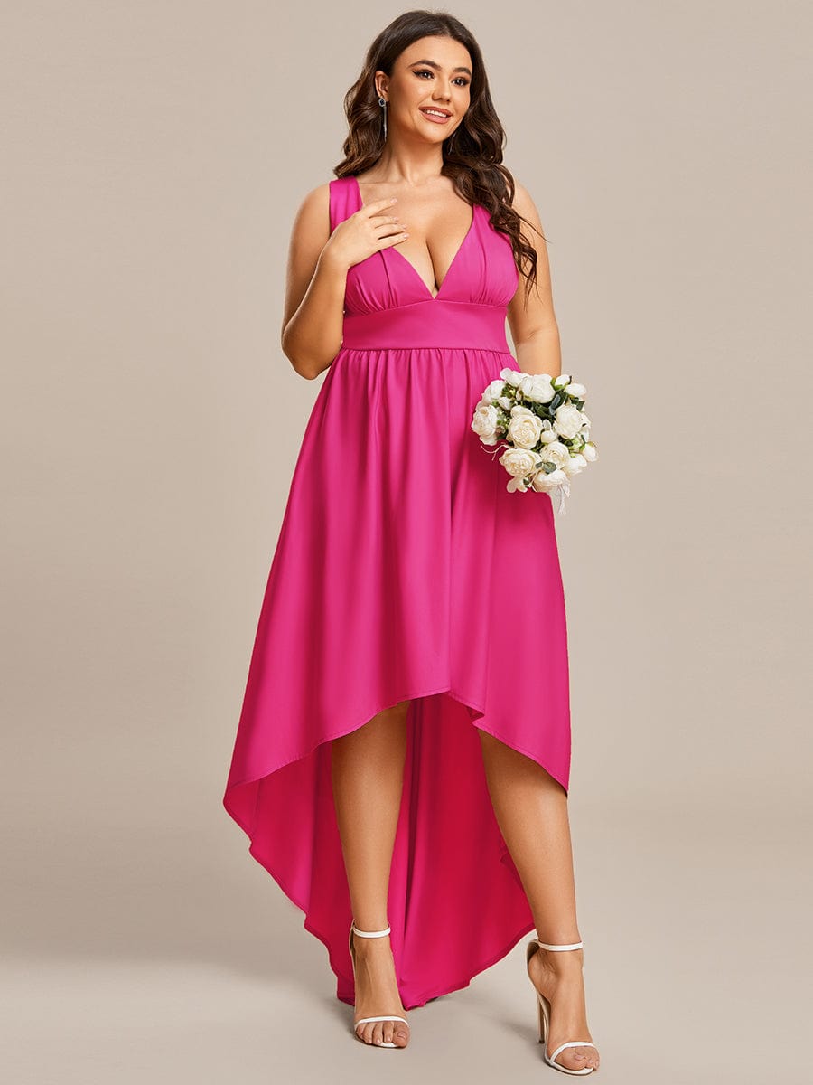 Plus Size Elegant High-Low Sleeveless Empire Waist Birdesmaid Dress #color_Hot Pink