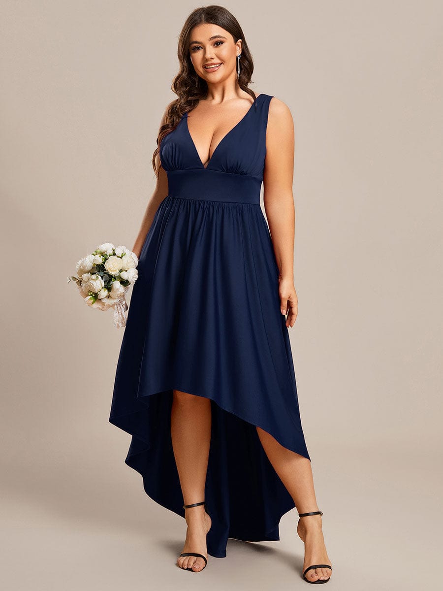 Plus Size Elegant High-Low Sleeveless Empire Waist Birdesmaid Dress #color_Navy Blue