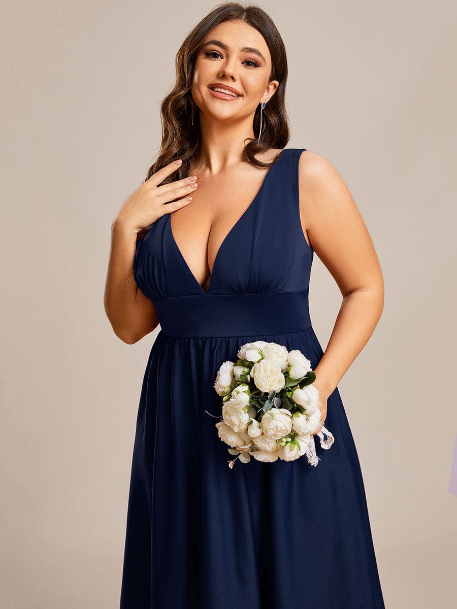 Plus Size Elegant High-Low Sleeveless Empire Waist Birdesmaid Dress #color_Navy Blue