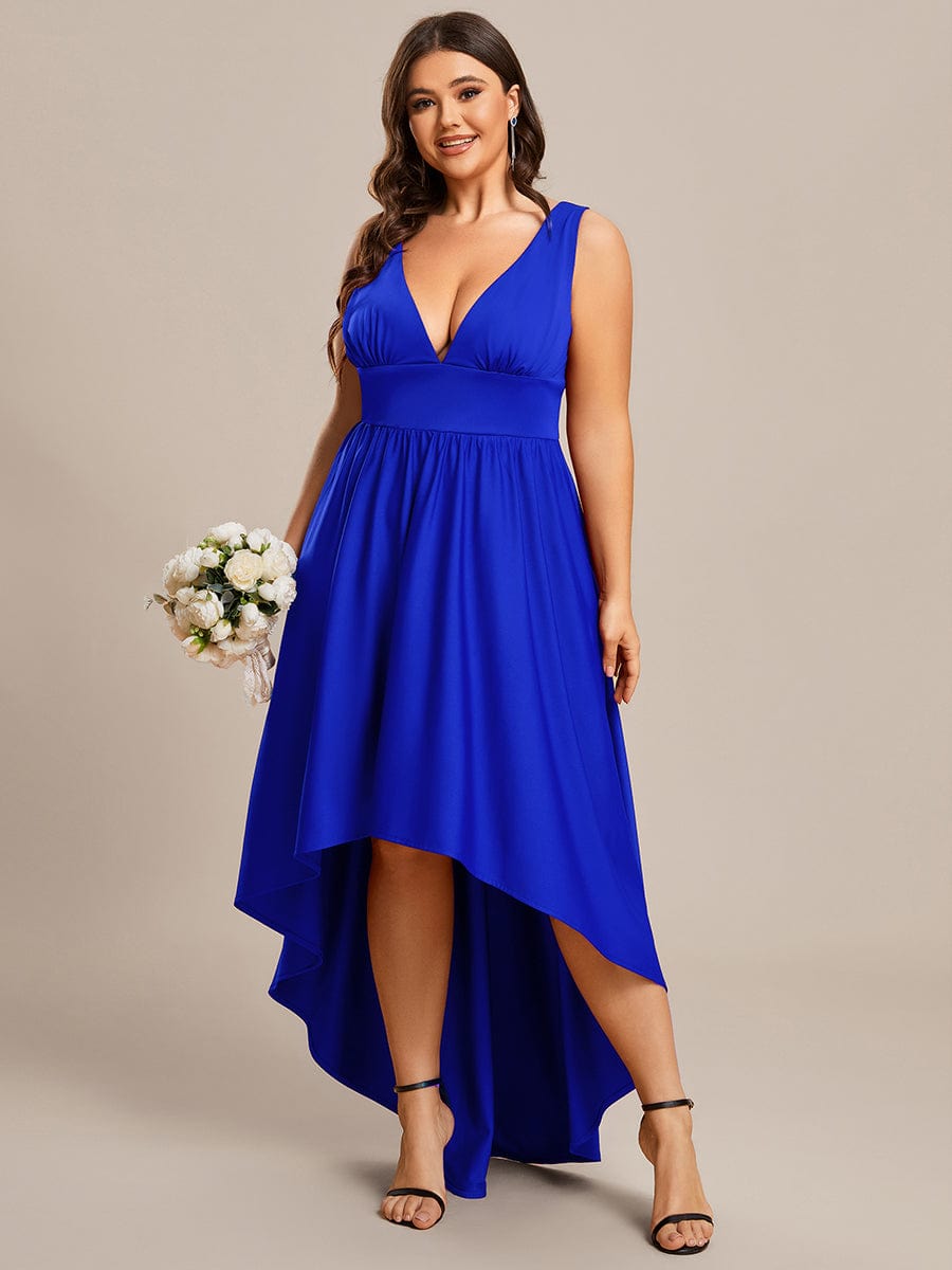 Plus Size Elegant High-Low Sleeveless Empire Waist Birdesmaid Dress #color_Sapphire Blue