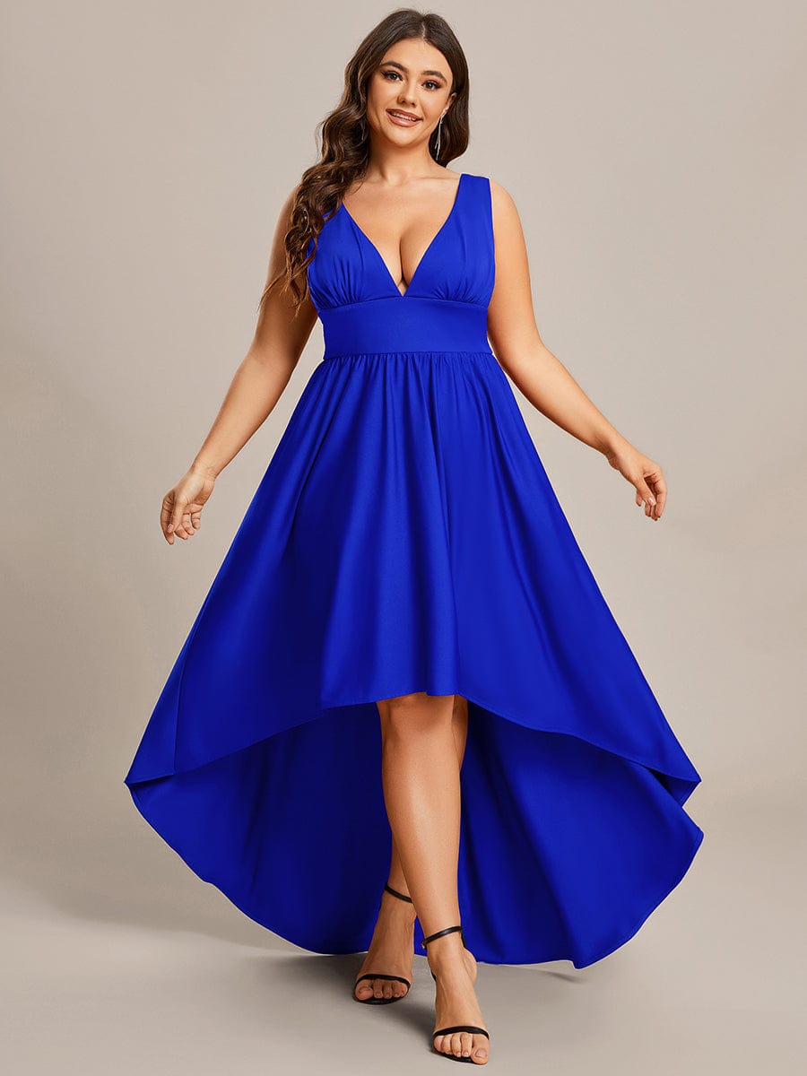 Deep V-Neck High-Low Sleeveless A-Line Wedding Guest Dress #color_Sapphire Blue