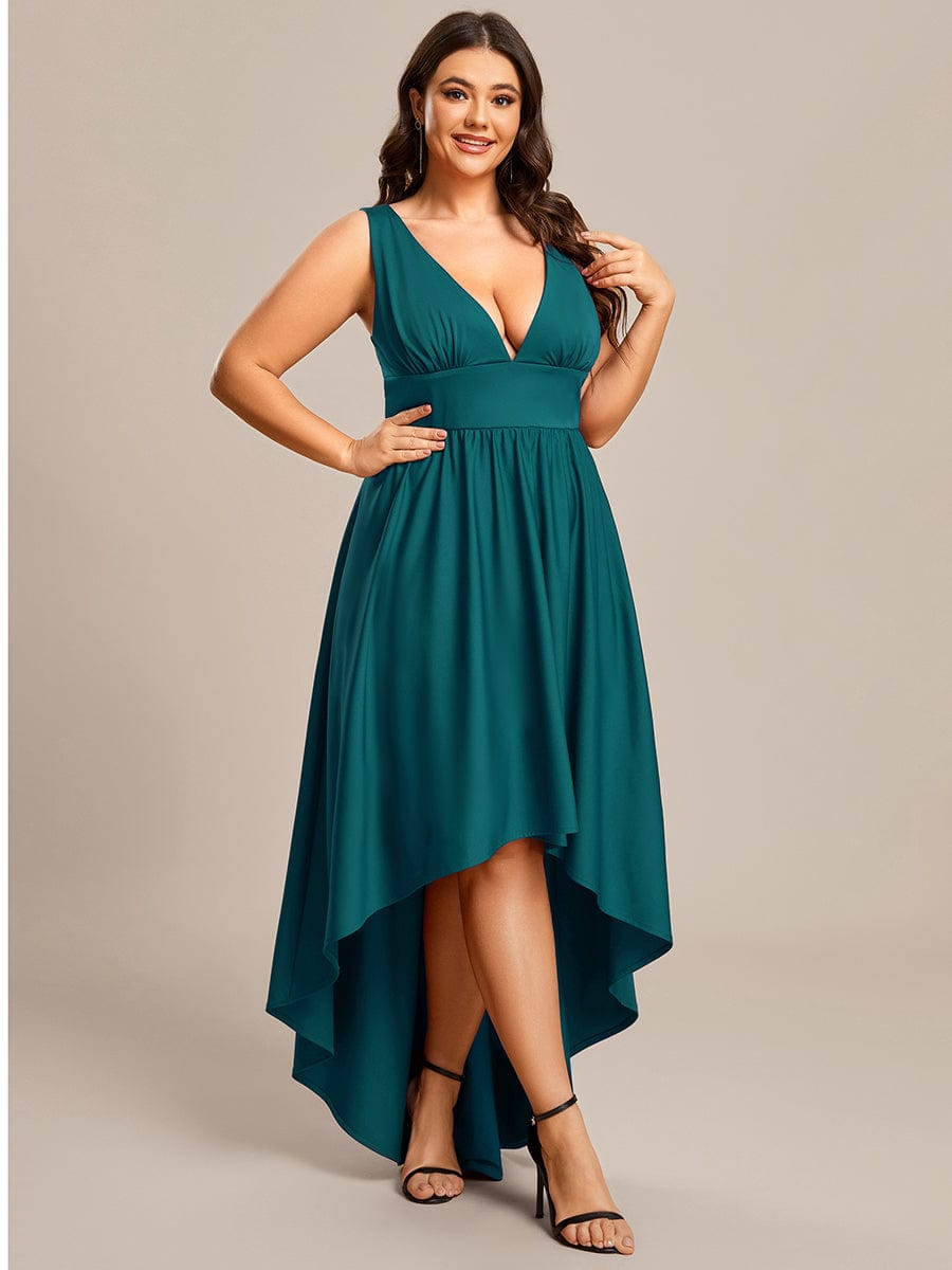 Deep V-Neck High-Low Sleeveless A-Line Wedding Guest Dress #color_Teal