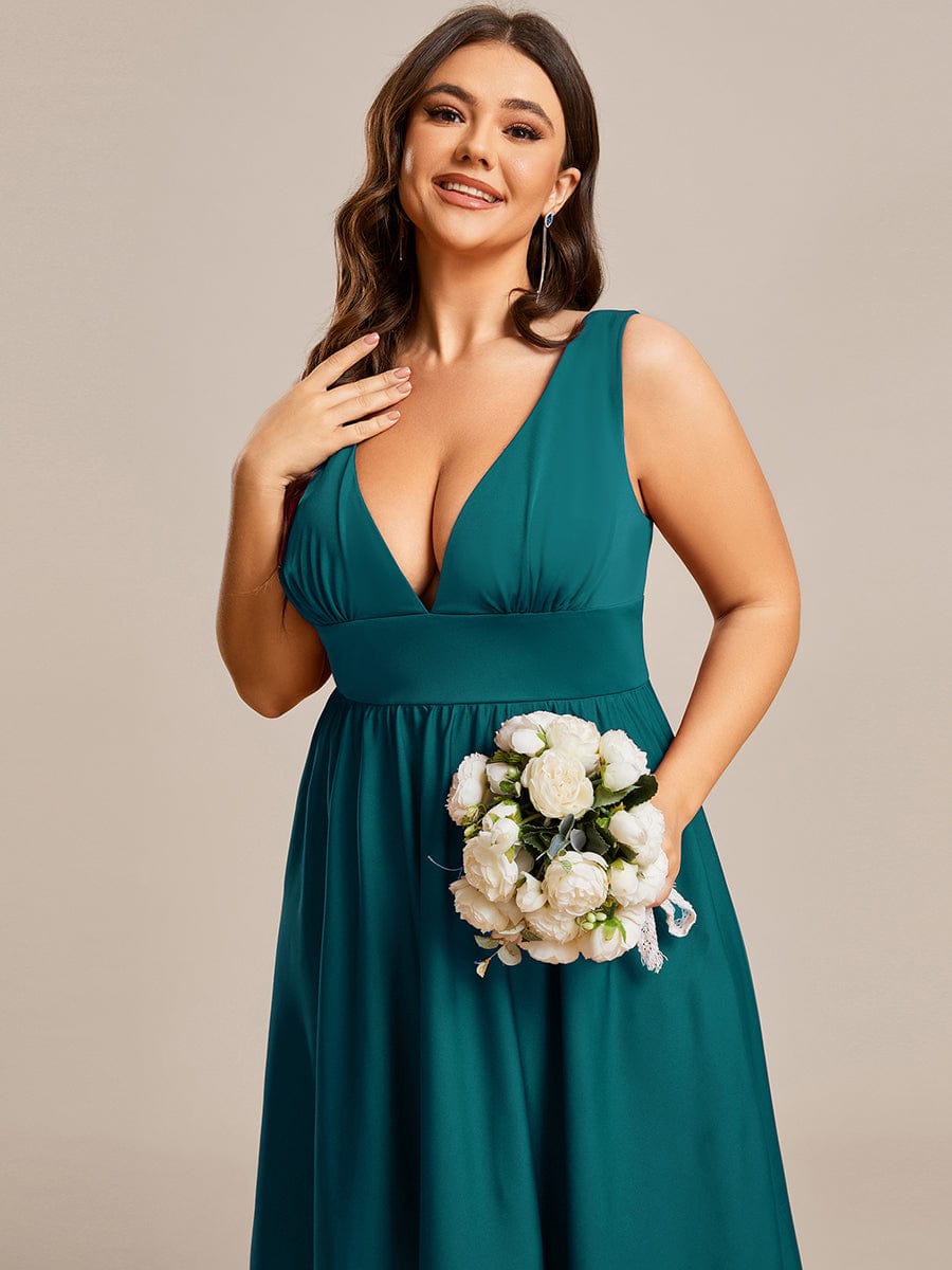 Deep V-Neck High-Low Sleeveless A-Line Wedding Guest Dress #color_Teal