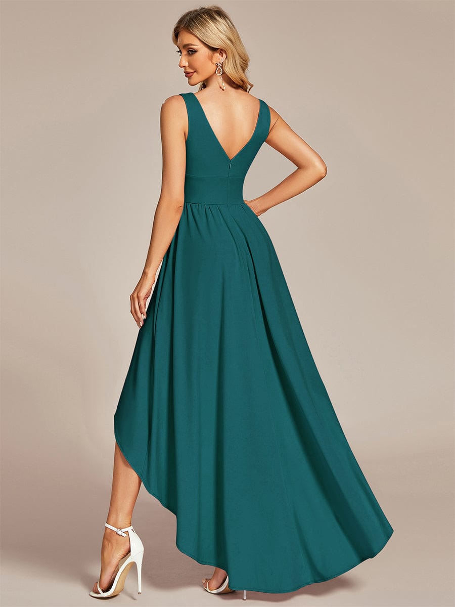 Deep V-Neck High-Low Sleeveless A-Line Wedding Guest Dress #color_Teal