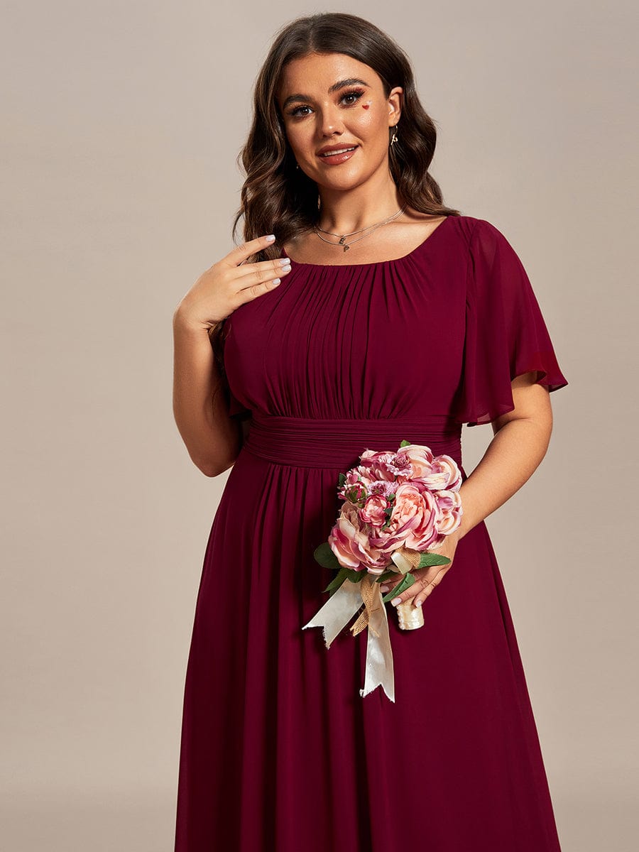 Plus Size Simple Chiffon Pleated A-Line Round Neckline Bridesmaid Dress #color_Burgundy