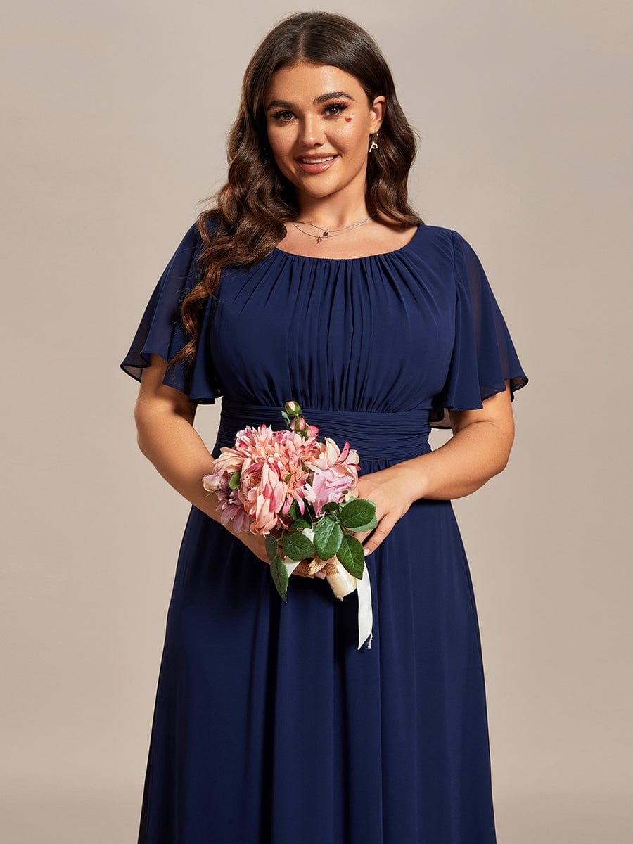 Plus Size Simple Chiffon Pleated A-Line Round Neckline Bridesmaid Dress #color_Navy Blue