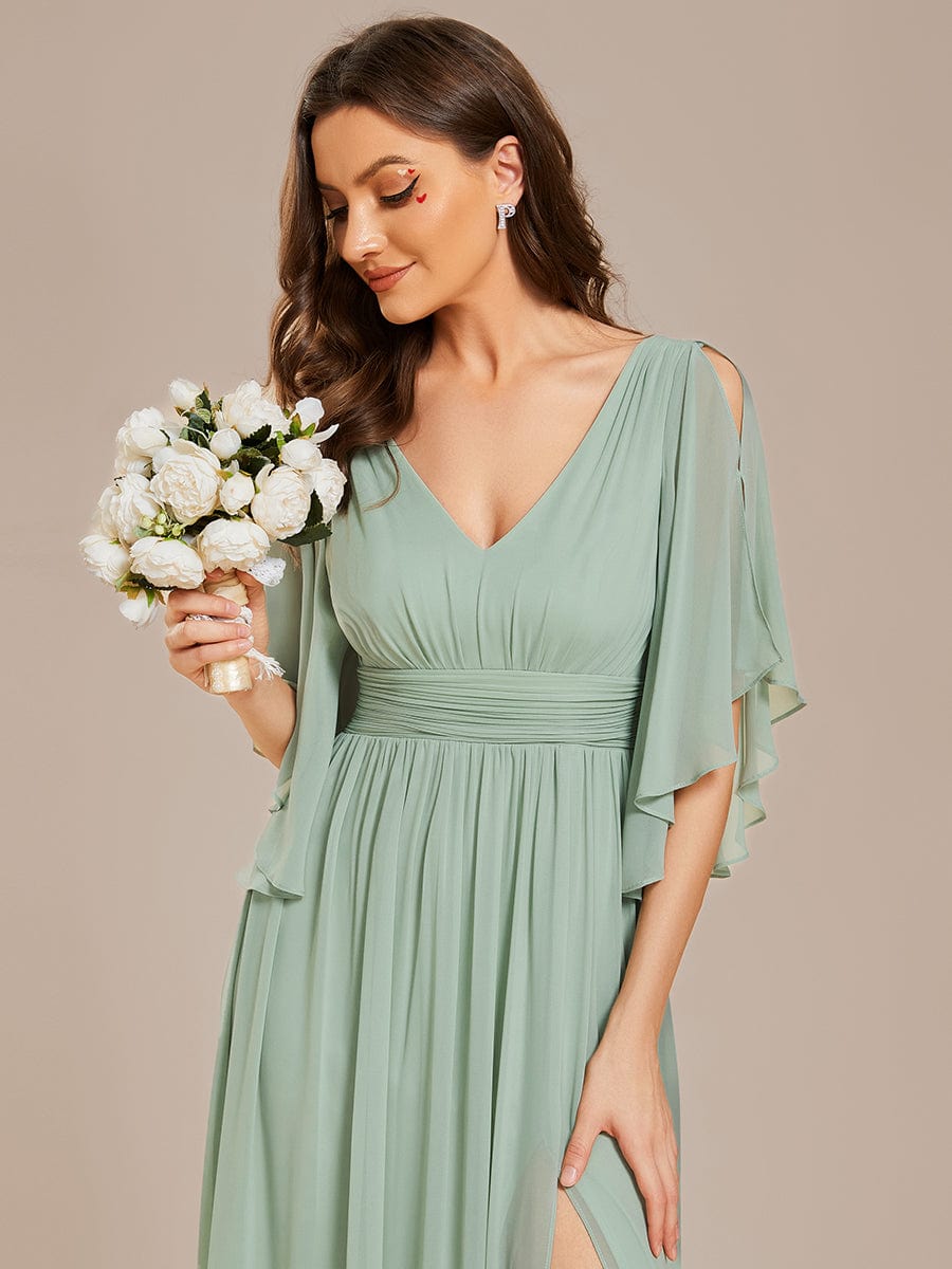 Half Sleeve V-Neck Pleated High Slit A-Line Chiffon Bridesmaid Dress #color_Mint Green