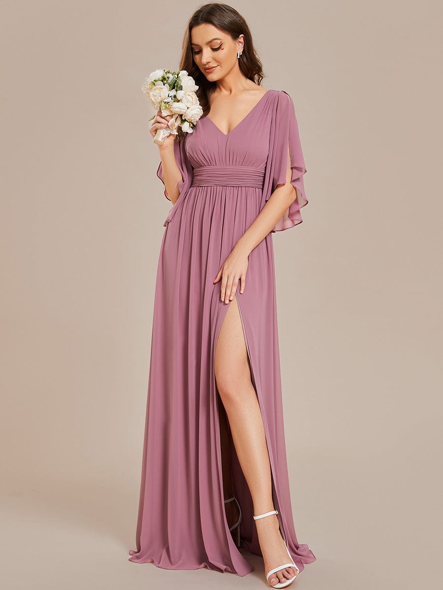 Half Sleeve V-Neck Pleated High Slit A-Line Chiffon Bridesmaid Dress #color_Purple Orchid