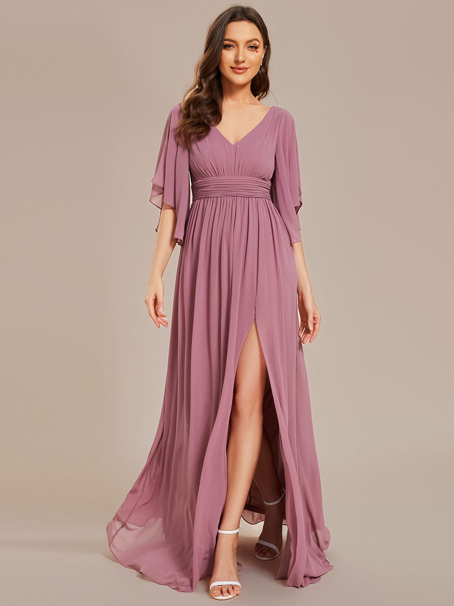 Half Sleeve V-Neck Pleated High Slit A-Line Chiffon Bridesmaid Dress #color_Purple Orchid