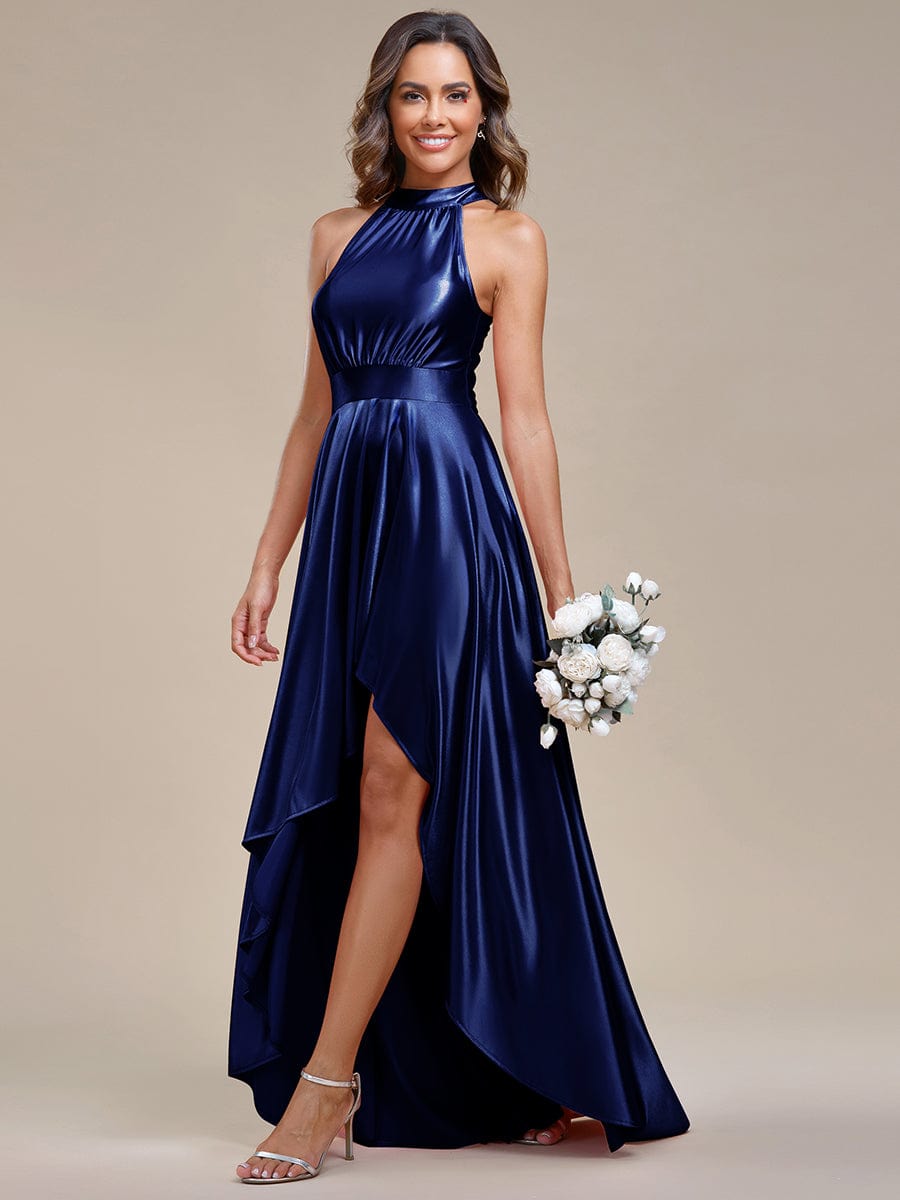 Belly Collar High Low A Line Satin Halter Bridesmaid Dress