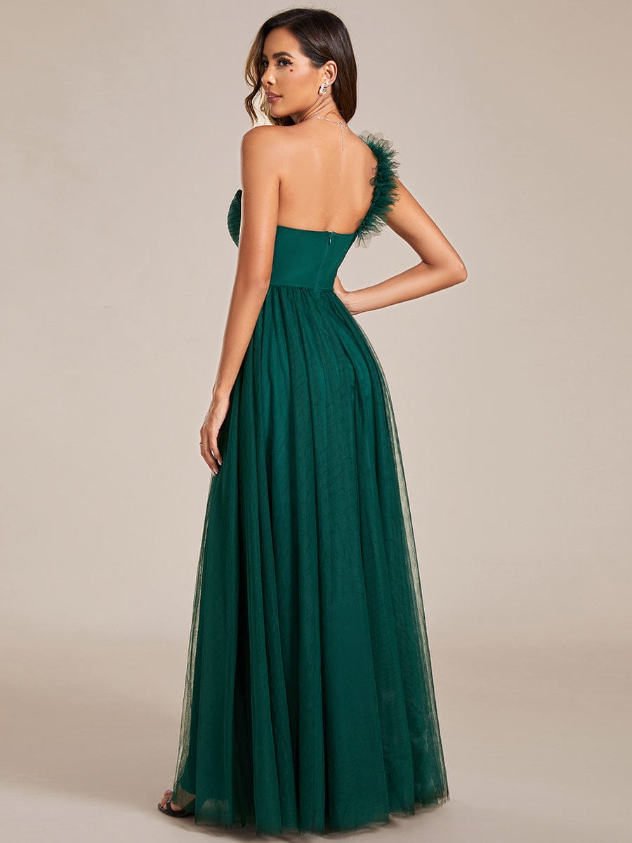 Sweetheart Neckline One Shoulder with Floral Tulle High Slit Bridesmaid Dress #color_Dark Green