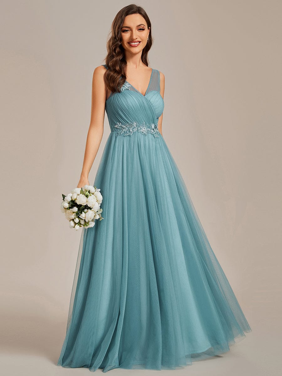 See-Through Shoulder Strap Flower Decoration Tulle Bridesmaid Dress #color_Dusty Blue