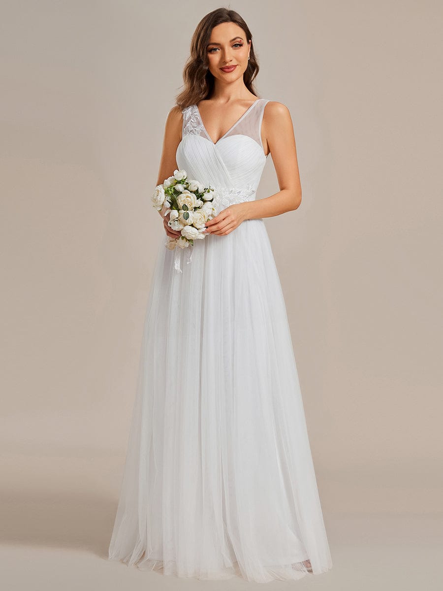 See-Through Shoulder Strap Flower Decoration Tulle Bridesmaid Dress #color_White