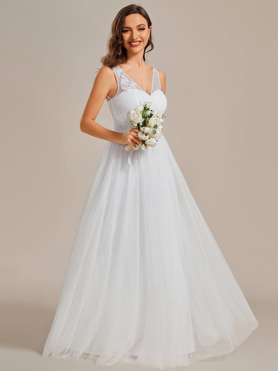 See-Through Shoulder Strap Flower Decoration Tulle Bridesmaid Dress #color_White