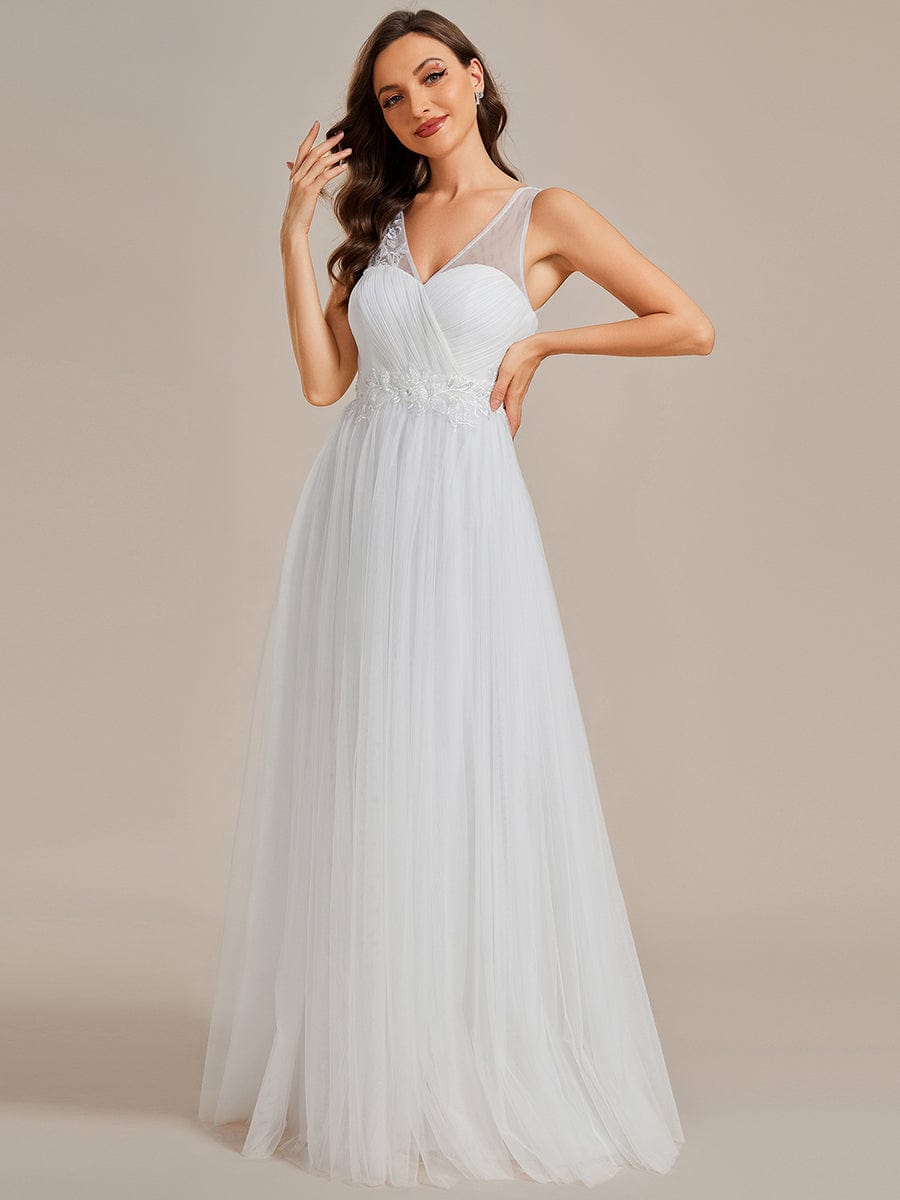 See-Through Shoulder Strap Flower Decoration Tulle Bridesmaid Dress #color_White