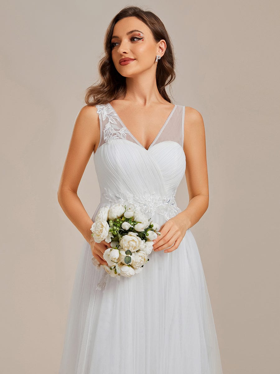 See-Through Shoulder Strap Flower Decoration Tulle Bridesmaid Dress #color_White