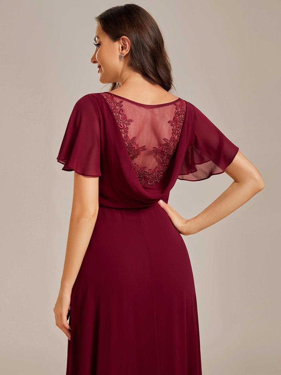 Back See-Through Swing Collar Applique Ruffles Sleeve A-Line Evening Dress #color_Burgundy