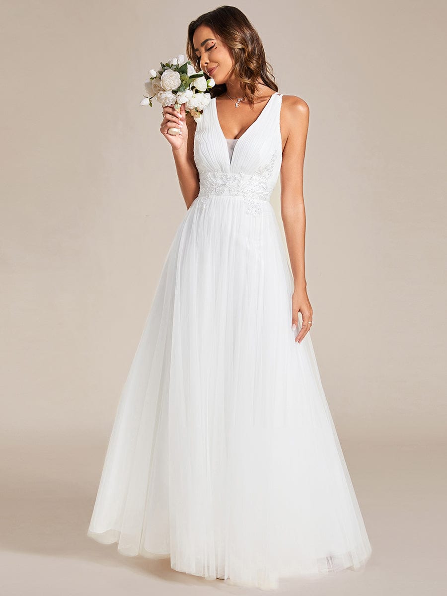 Sleeveless Waist Applique Cross-Back Straps Tulle Bridesmaid Dress #color_White