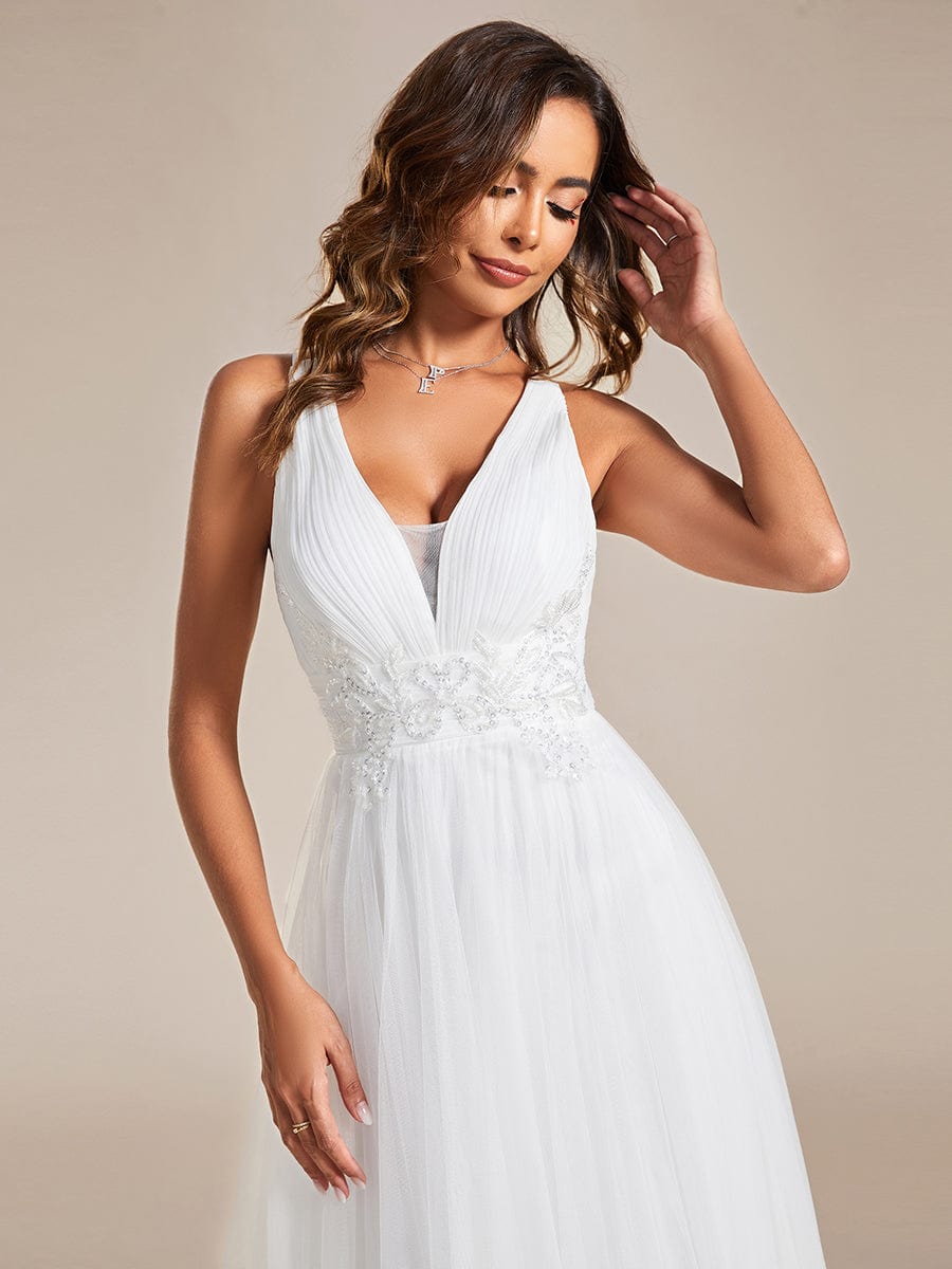 Sleeveless Waist Applique Cross-Back Straps Tulle Bridesmaid Dress #color_White