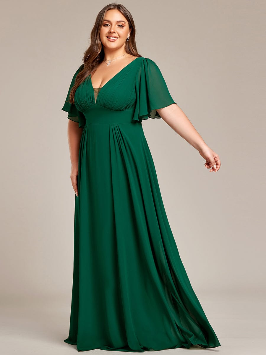 Plus Size Chiffon A-Line Double V-Neck Empire Waist Bridesmaid Dress #color_Dark Green