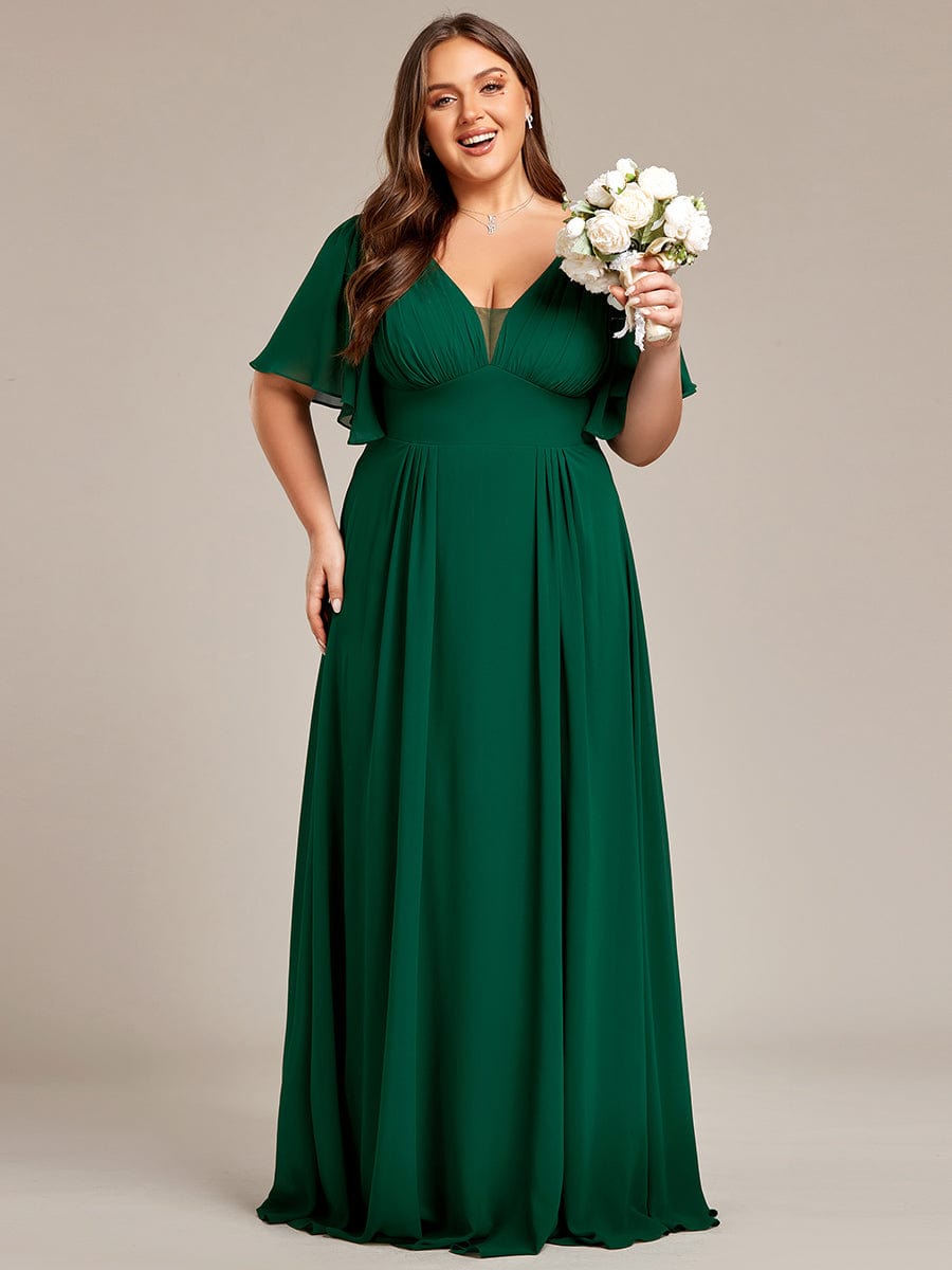 Plus Size Chiffon A-Line Double V-Neck Empire Waist Bridesmaid Dress #color_Dark Green