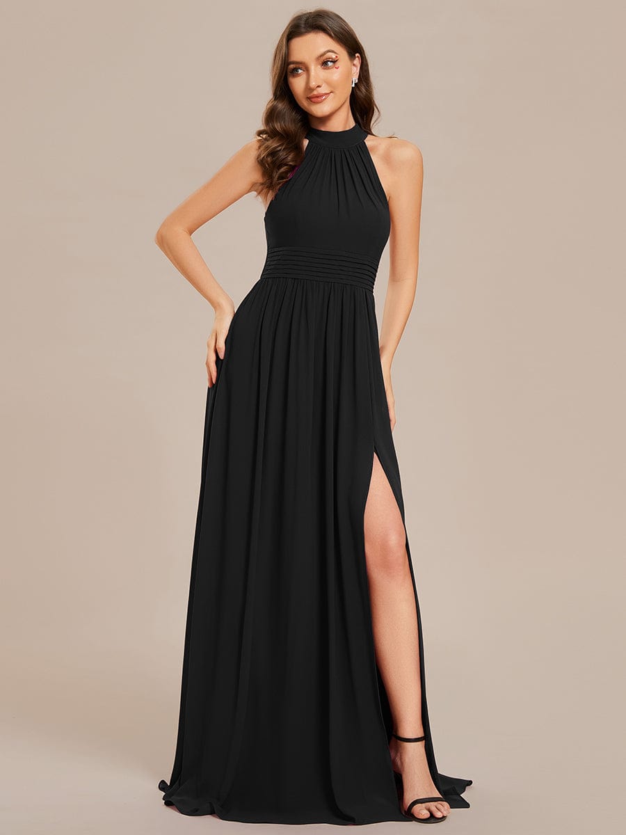 Chiffon Halter Straps Sleeveless Pleated A-Line High Slit Maxi Bridesmaid Dress #color_Black