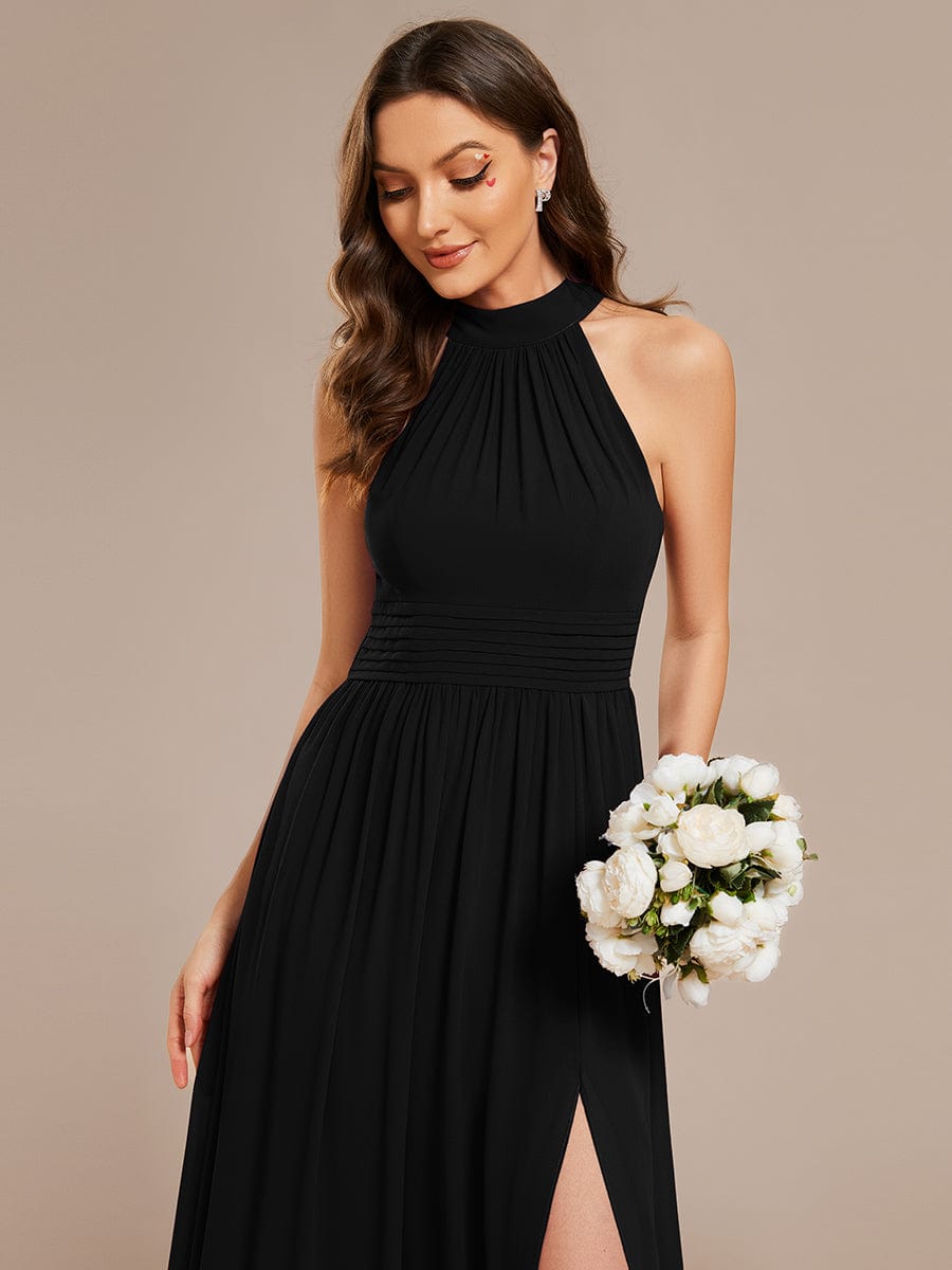 Chiffon Halter Straps Sleeveless Pleated A-Line High Slit Maxi Bridesmaid Dress #color_Black