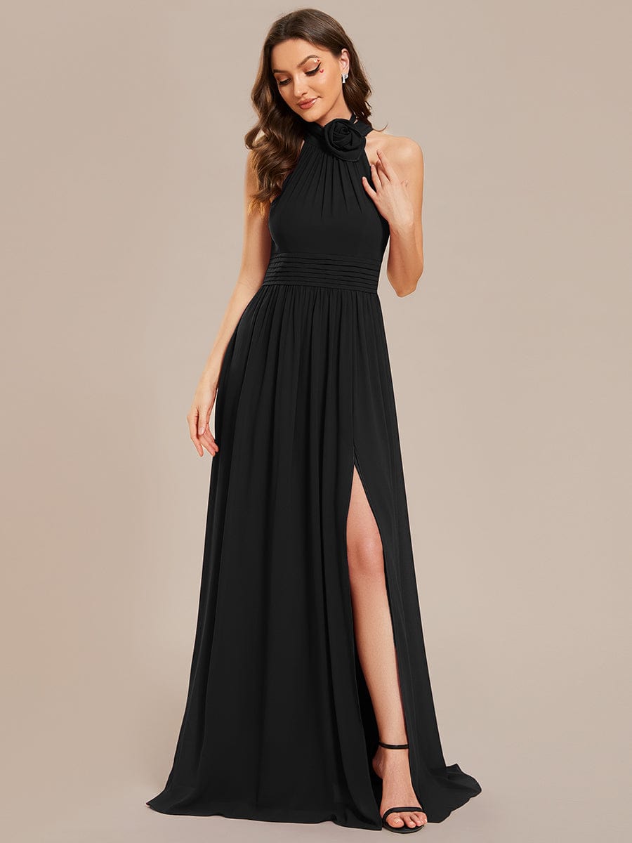 Sleeveless Halter Neck Pleated Chiffon A-Line High Slit Bridesmaid ...