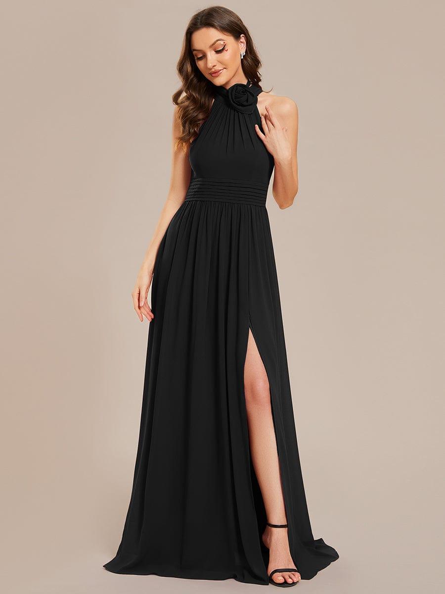 Chiffon Halter Straps Sleeveless Pleated A Line High Slit Maxi Bridesmaid Dress