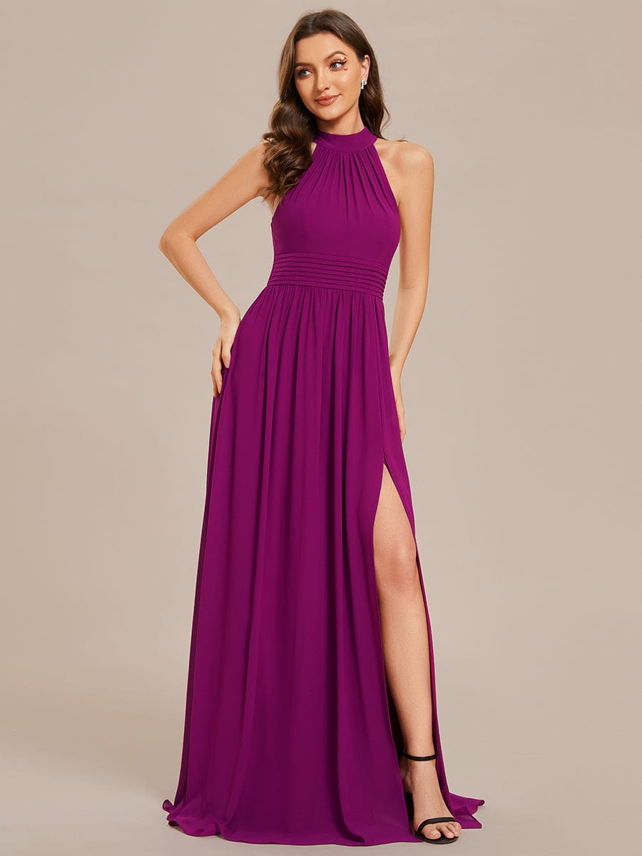 Chiffon Halter Straps Sleeveless Pleated A-Line High Slit Maxi Bridesmaid Dress #color_Fuchsia