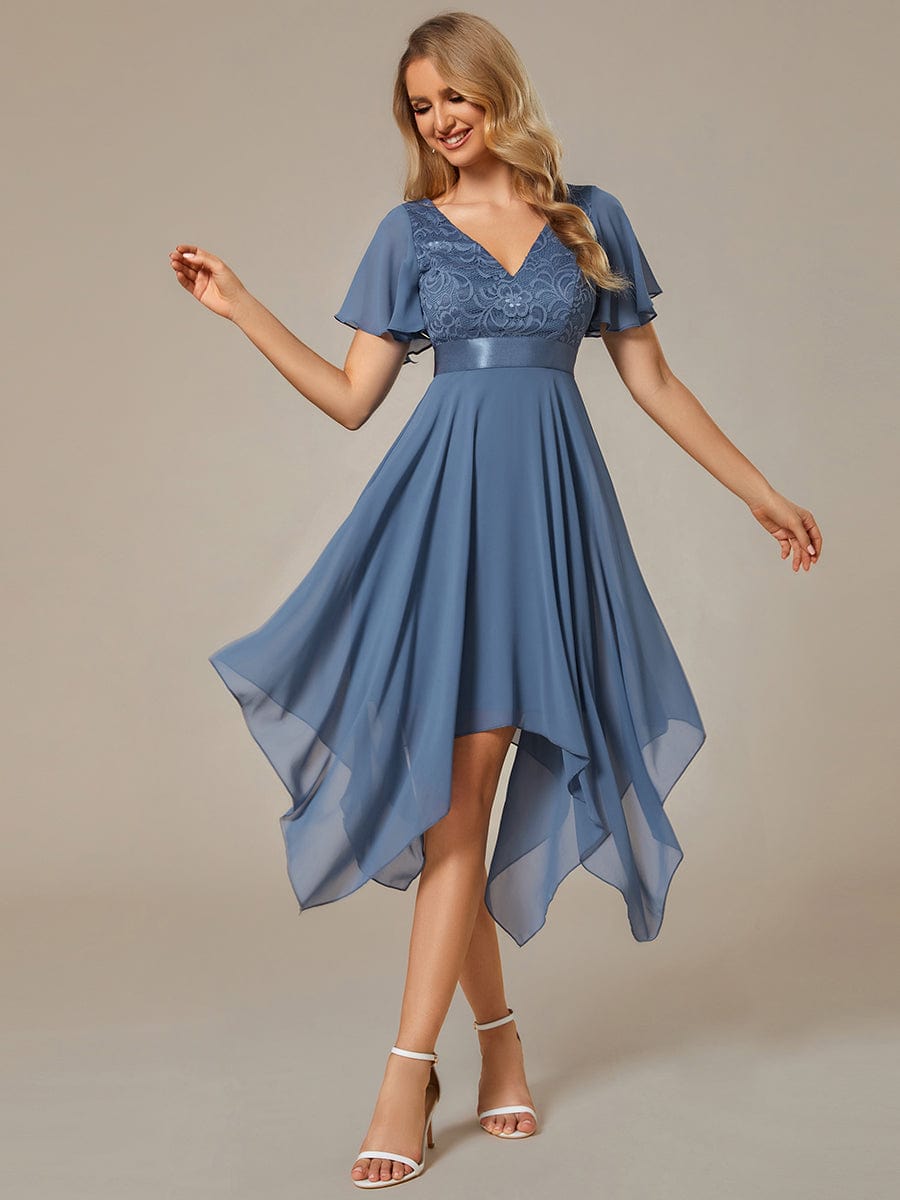 Asymmetrical Hem Empire Waist Short Sleeves Knee-Length Bridesmaid Dress #color_Dusty Navy