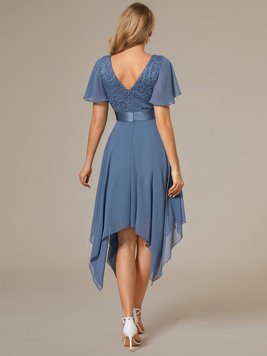 Asymmetrical Hem Empire Waist Short Sleeves Knee-Length Bridesmaid Dress #color_Dusty Blue