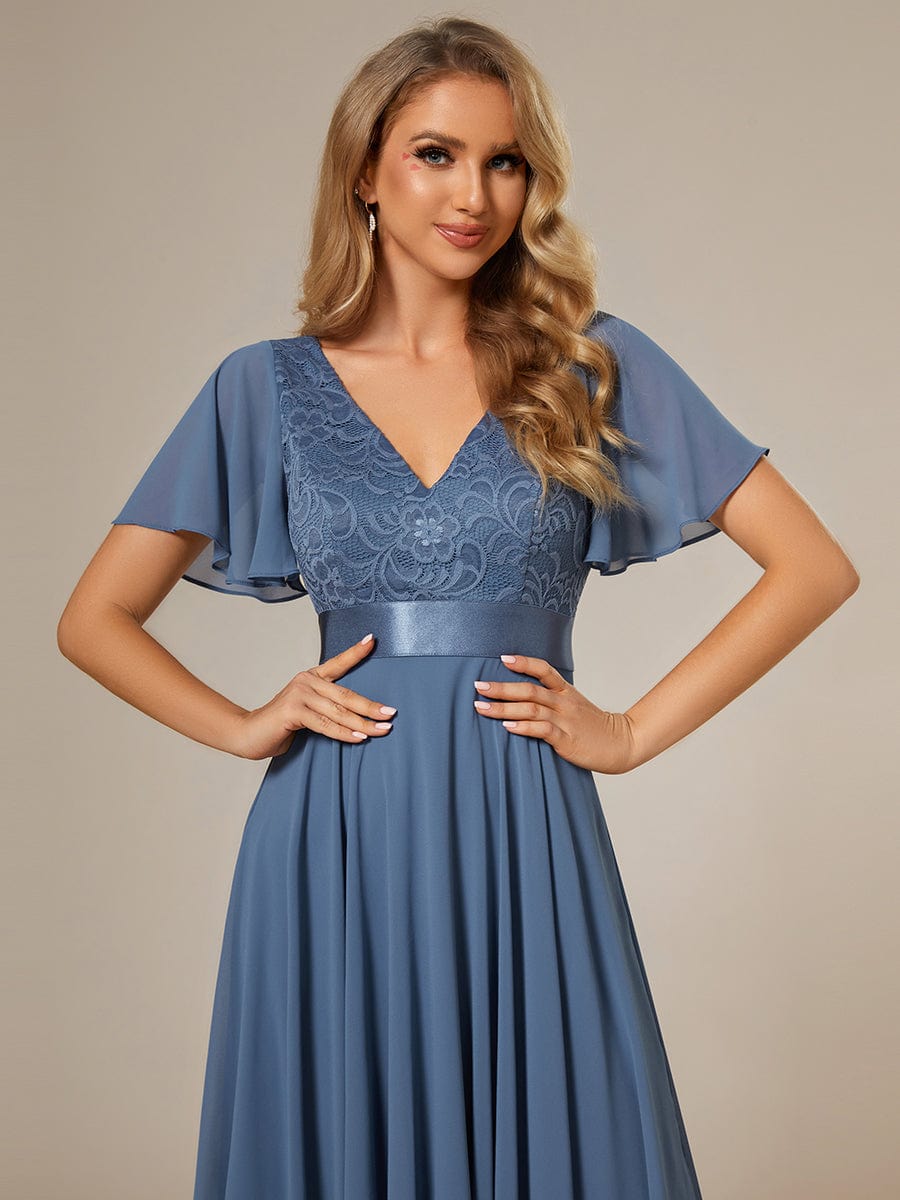 Asymmetrical Hem Empire Waist Short Sleeves Knee-Length Bridesmaid Dress #color_Dusty Blue