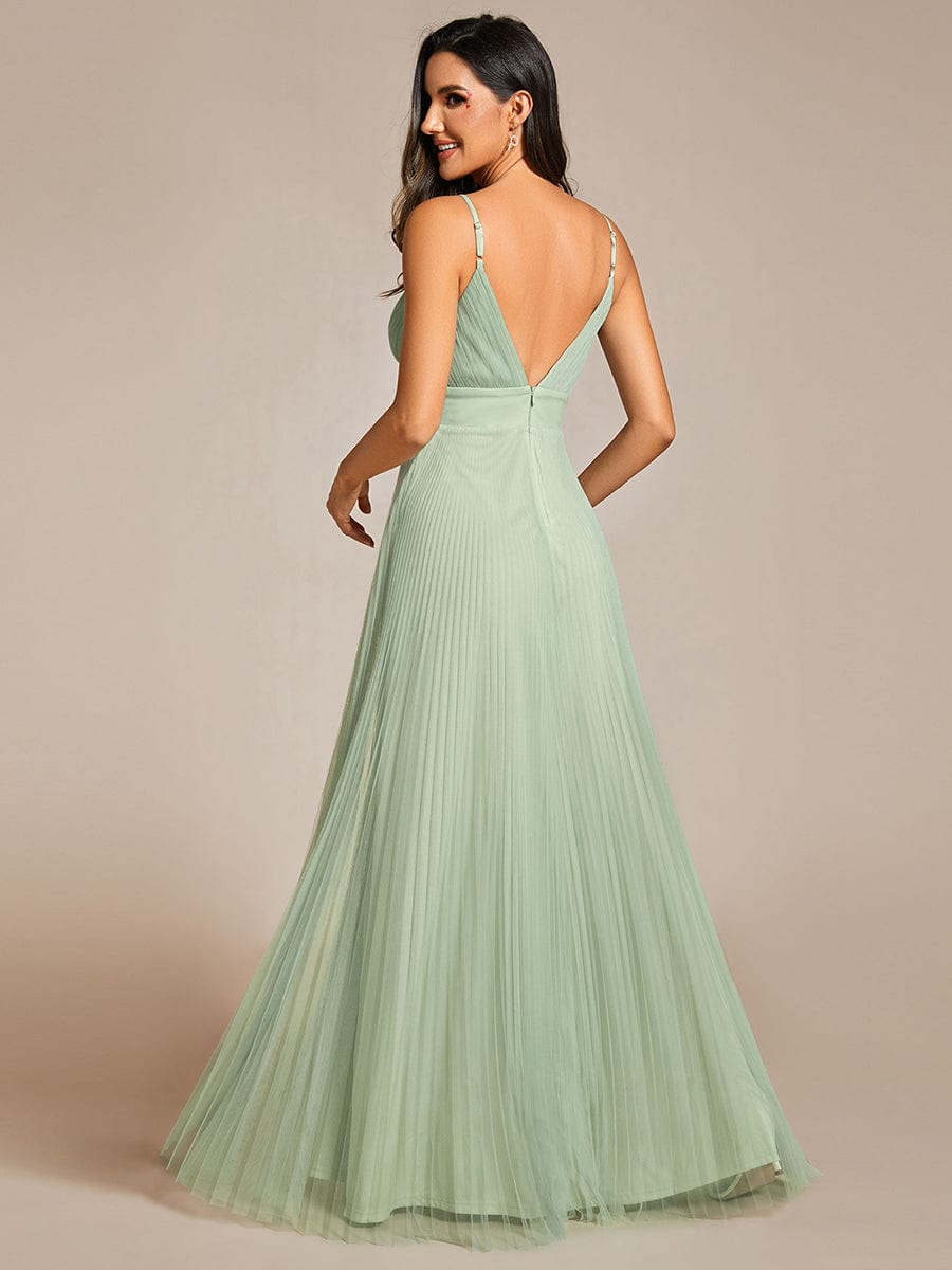 Empire Waist Spaghetti Sratp V-Neck Backless Tulle Bridesmaid Dress #color_Mint Green