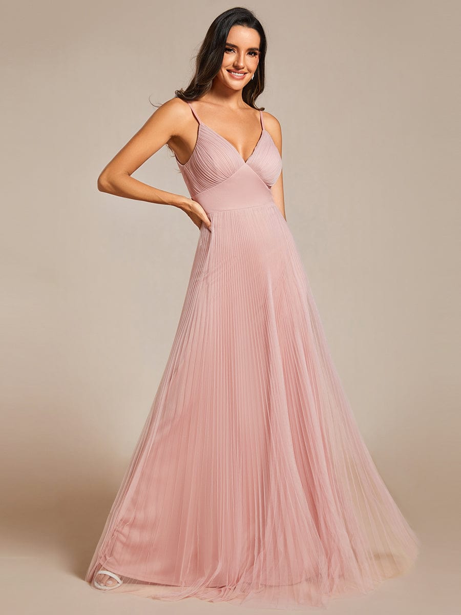 Empire Waist Spaghetti Sratp V-Neck Backless Tulle Bridesmaid Dress #color_Pink