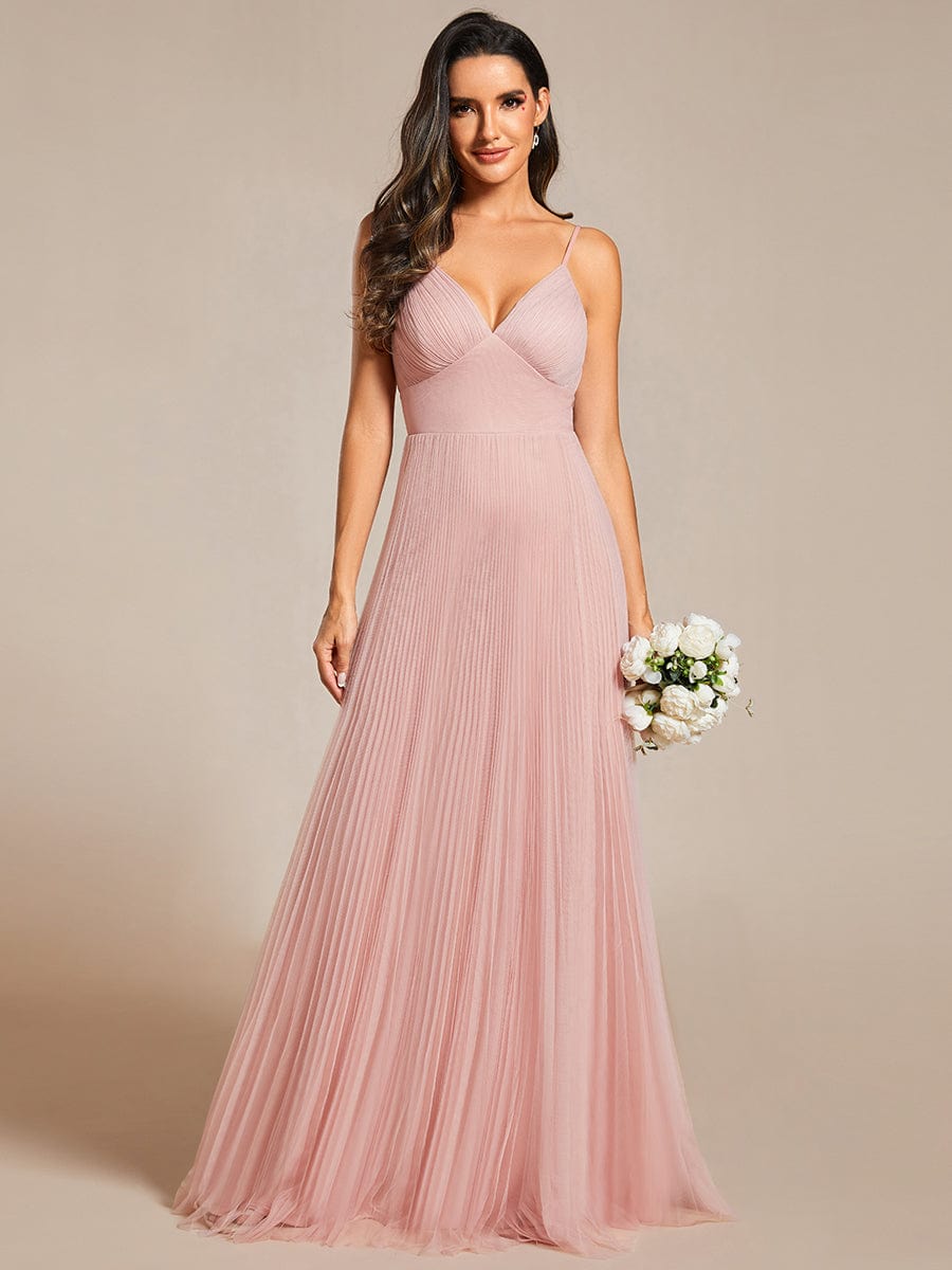 Empire Waist Spaghetti Sratp V-Neck Backless Tulle Bridesmaid Dress #color_Pink