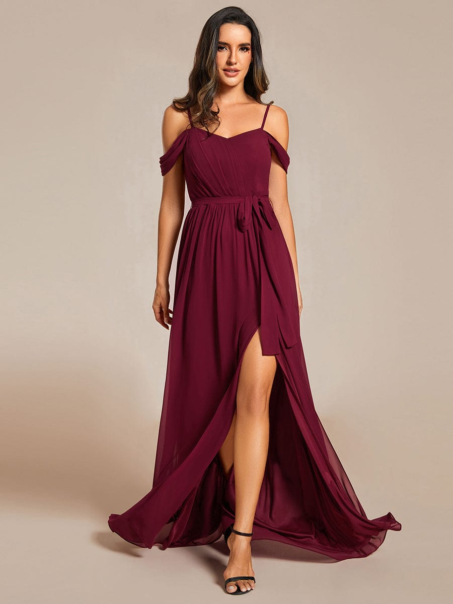 Sweetheart Neckline Cold Shoulder Chiffon Bridesmaid Dress #color_Burgundy