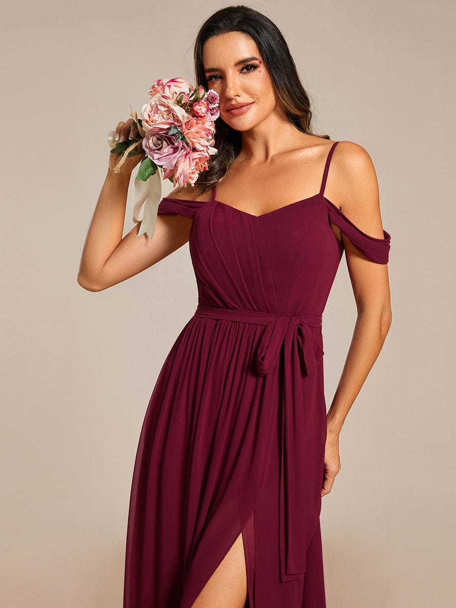 Sweetheart Neckline Cold Shoulder Chiffon Bridesmaid Dress #color_Burgundy